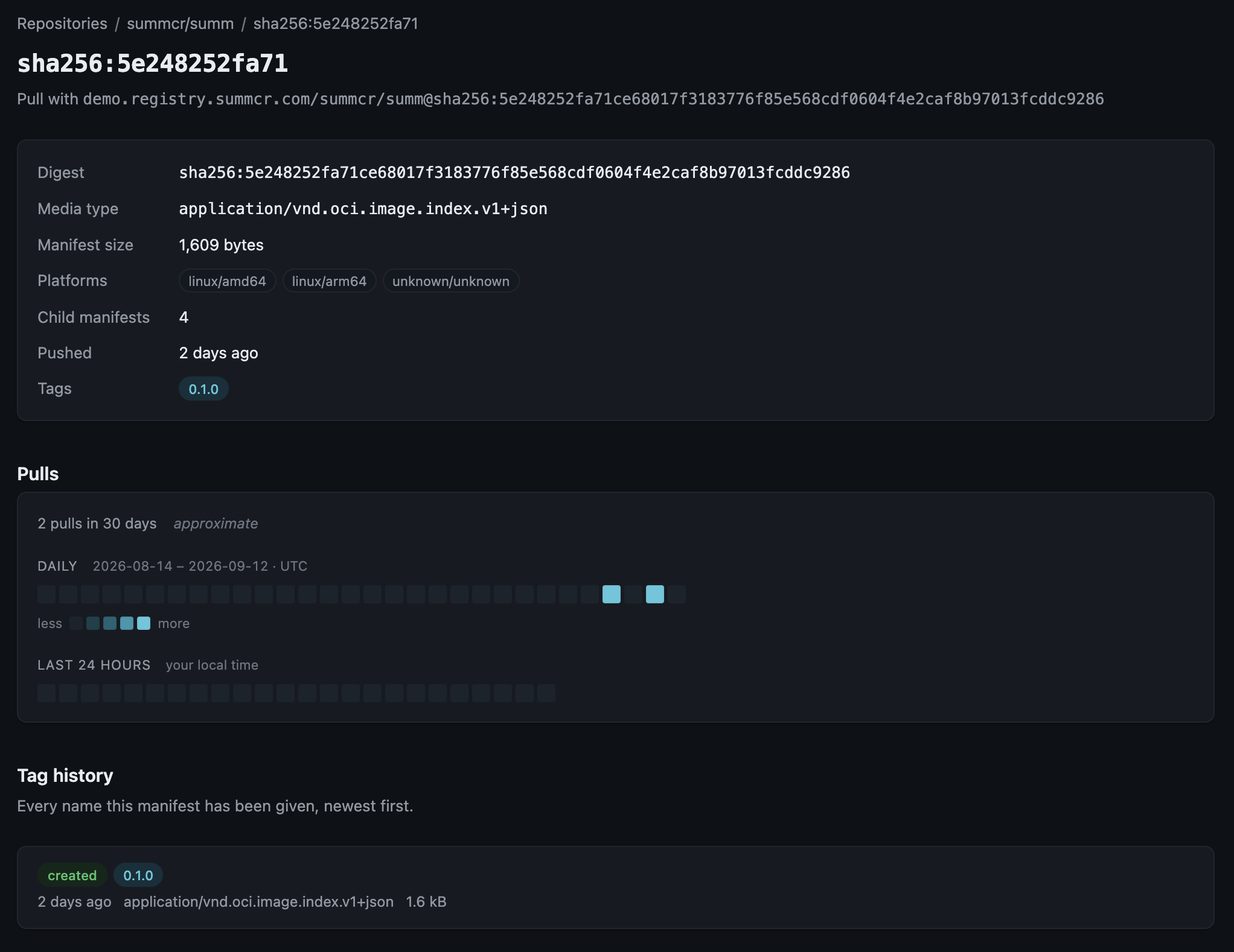 A manifest page in summ's web UI, showing platforms and tag history